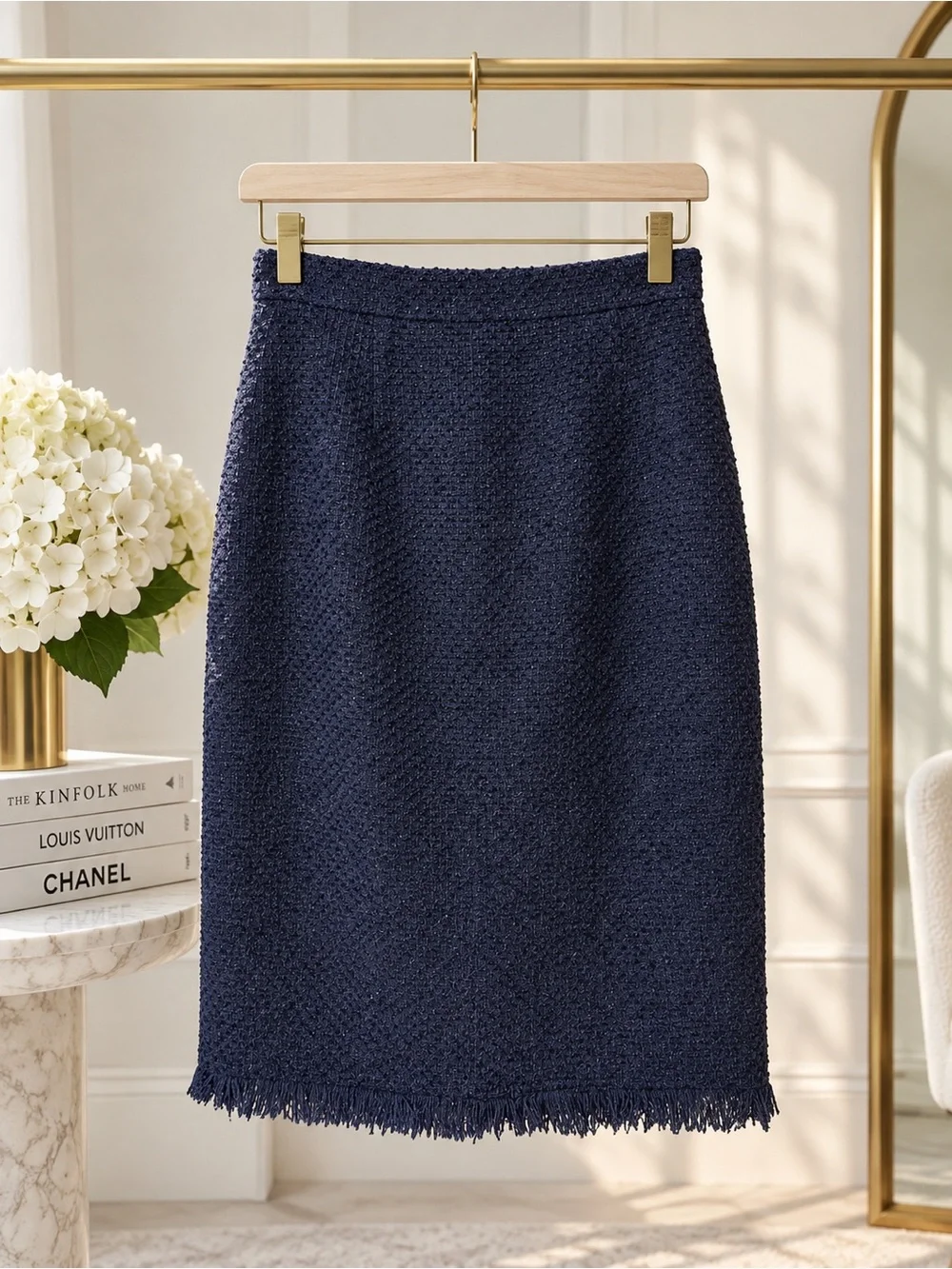 Oscar de la Renta Navy Tweed Pencil Midi Skirt Size 2